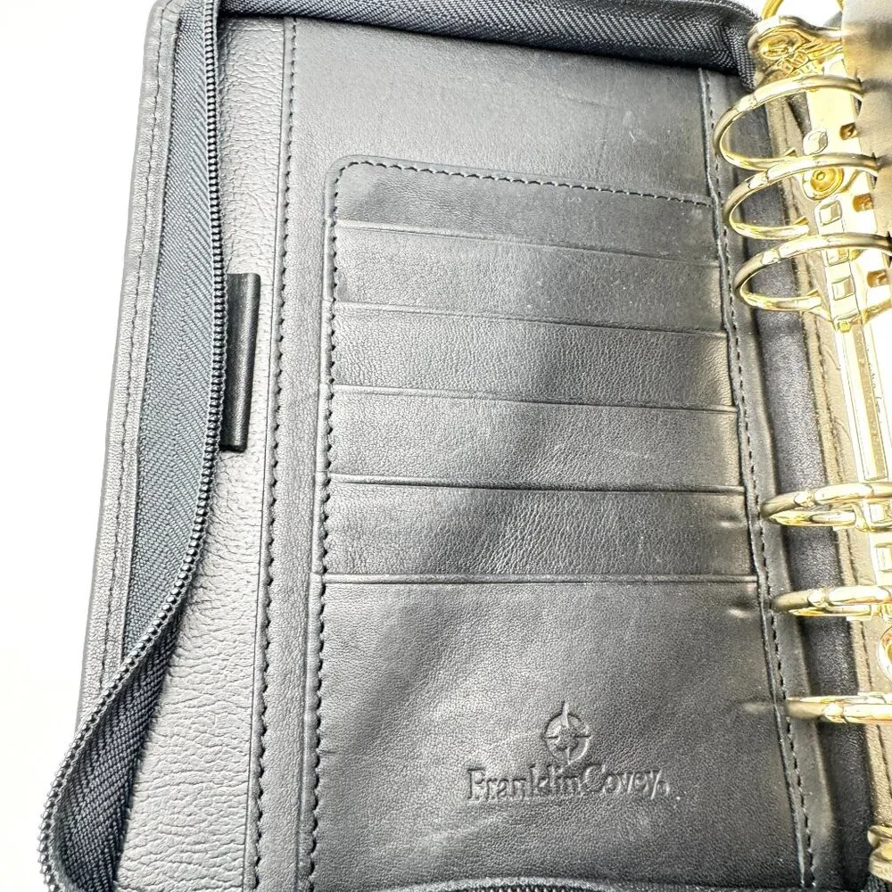 Franklin Quest Vtg Black Full Grain Leather Pocket Page Siz 6 Ring Zip Binder